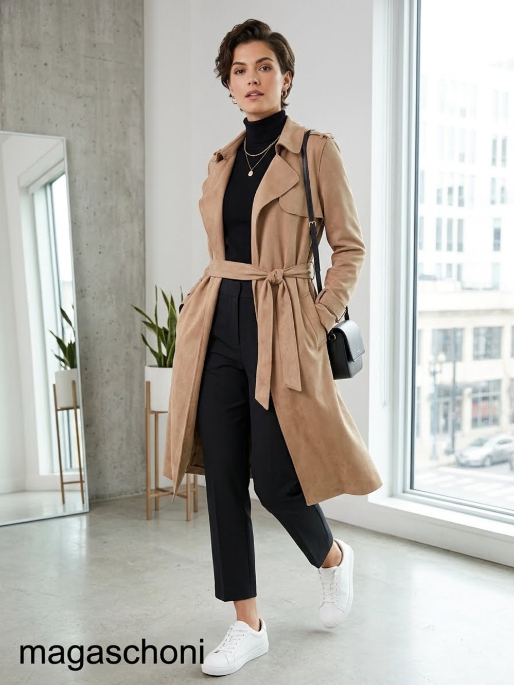 Magaschoni Camel/Tan Faux Suede Belted Wrap Trench Coat Size M